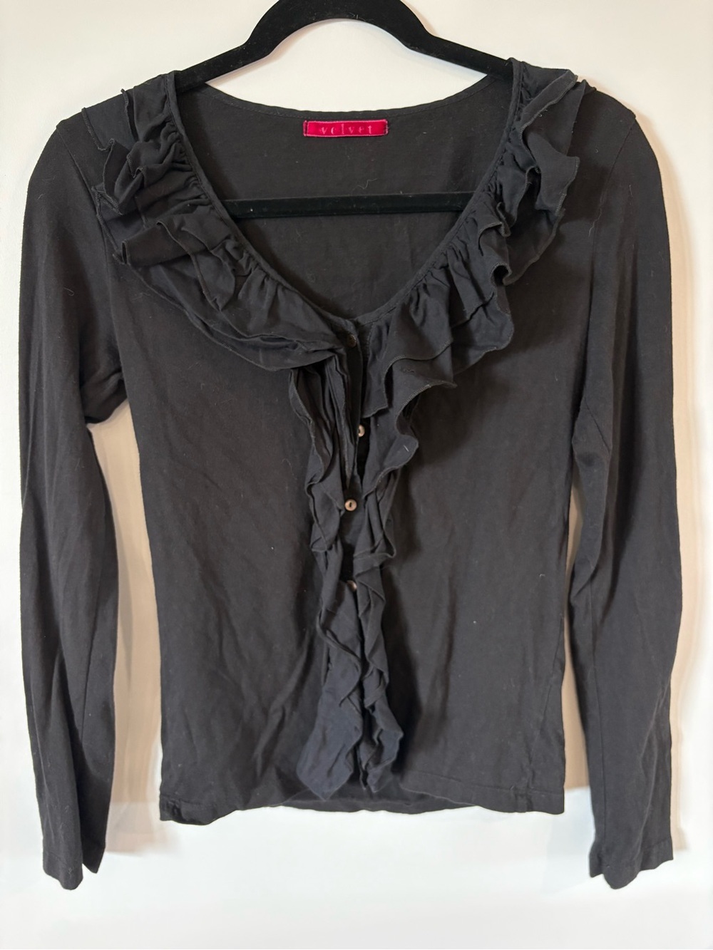 VINTAGE Velvet Black Ruffle-Trim Long Sleeve Blouse Top